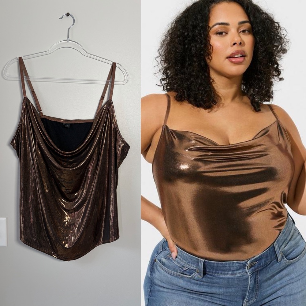 Torrid Bronze Liquid Shine Cowl Neck Cami Tank Elegant Evening Party Metallic